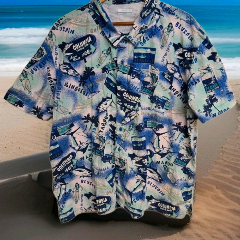 Columbia Men's Performance Fishing Gear Shirt size XXL/2TG Blue/ Green